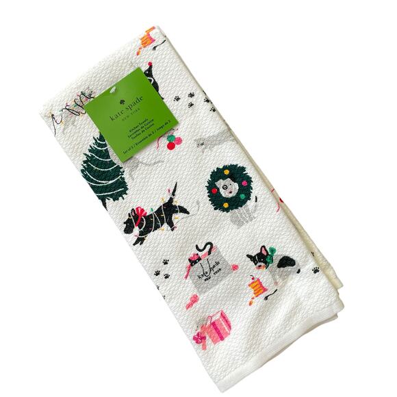 Kate Spade Christmas Dogs & Cats Kitchen Towel Set of 2 Designer Holiday 17x28 - Picture 3 of 12
